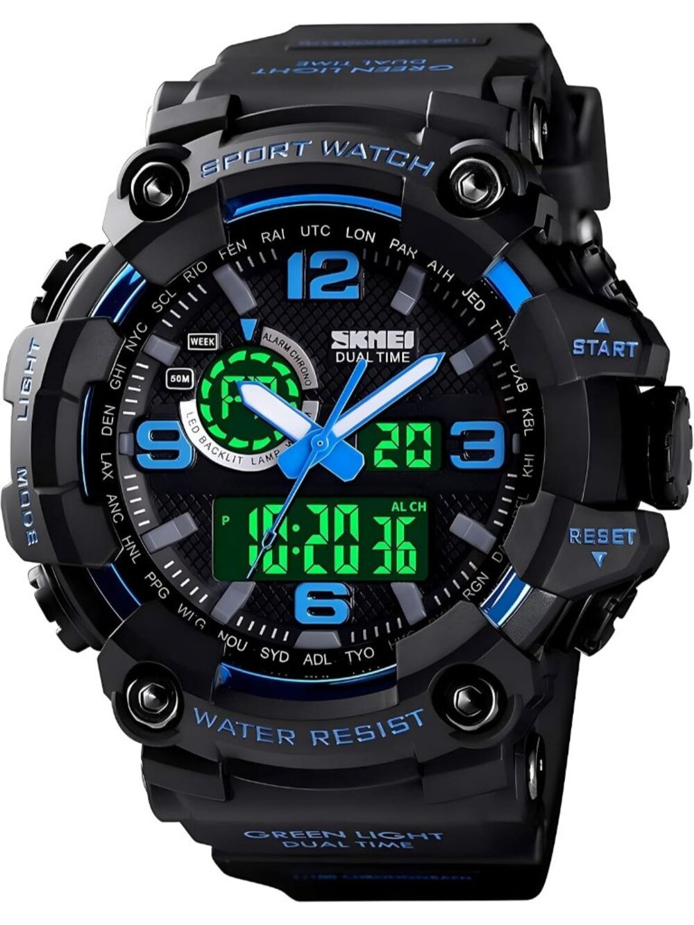 Men's Blue Large Face Outdoor Waterproof Backlight Military S-Shock Wristwatch